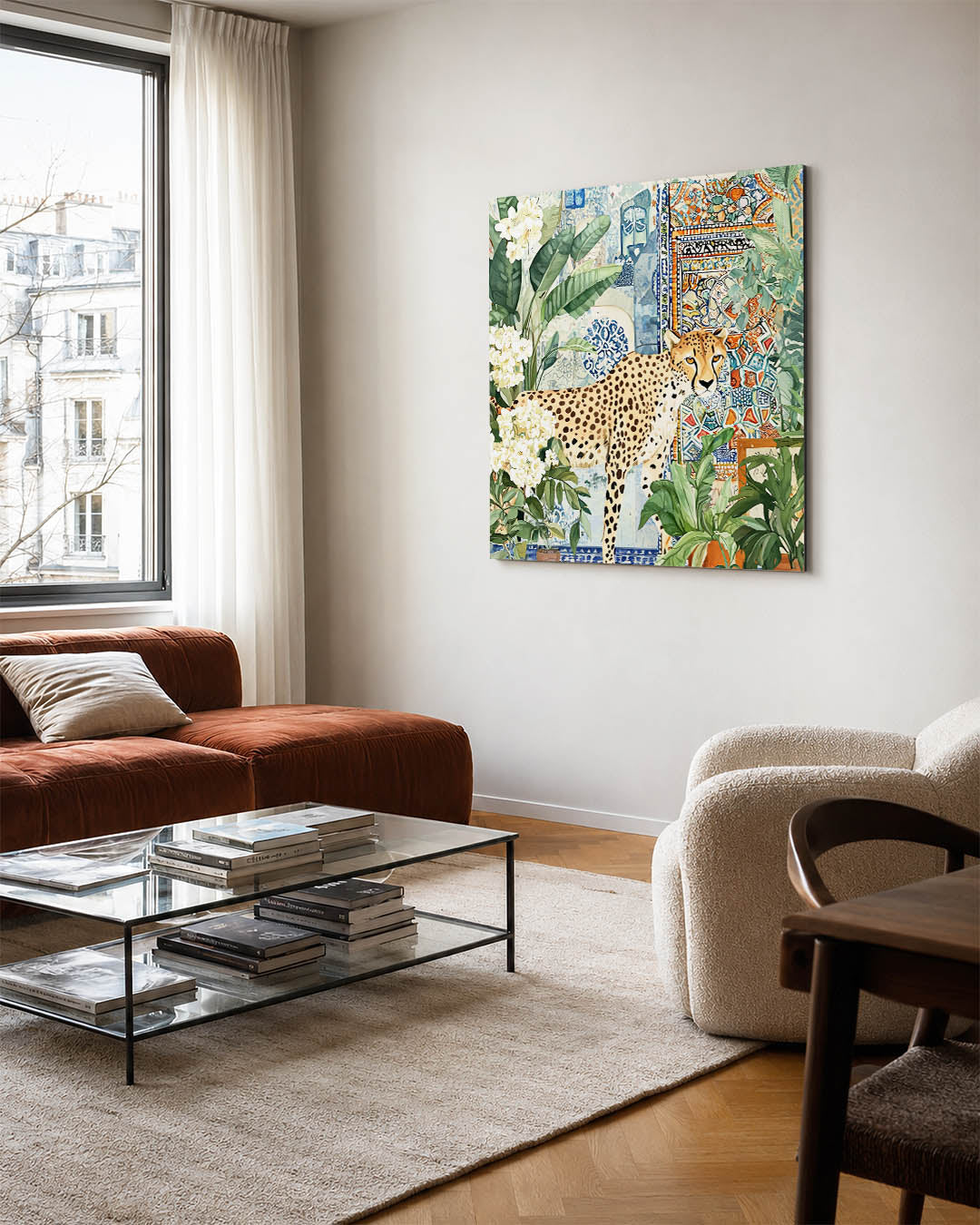 Exotische dierenwereld kunstwerk – vierkante wanddecoratie – dit werk toont een levendige compositie van een cheetah omringd