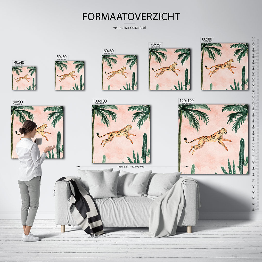 Springende luipaard kunstwerk – dit kunstwerk toont een luipaard dat sierlijk door een tropisch landschap springt, omringd