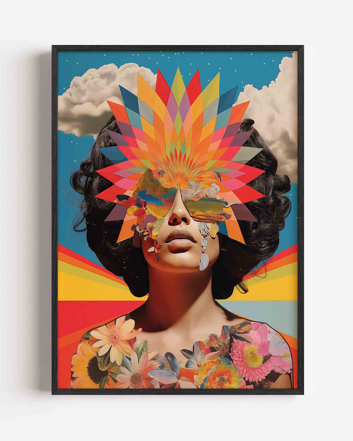 Vrouw met kleurrijke zonnebril – surrealistische portret poster als wanddecoratie