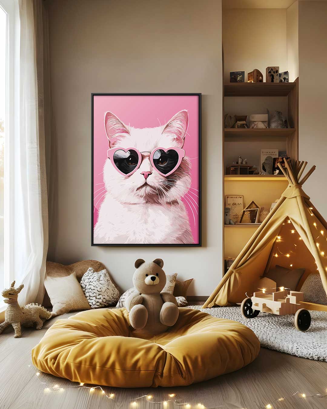 Coole Kat met Hartjesbril – canvas wanddecoratie in portret formaat