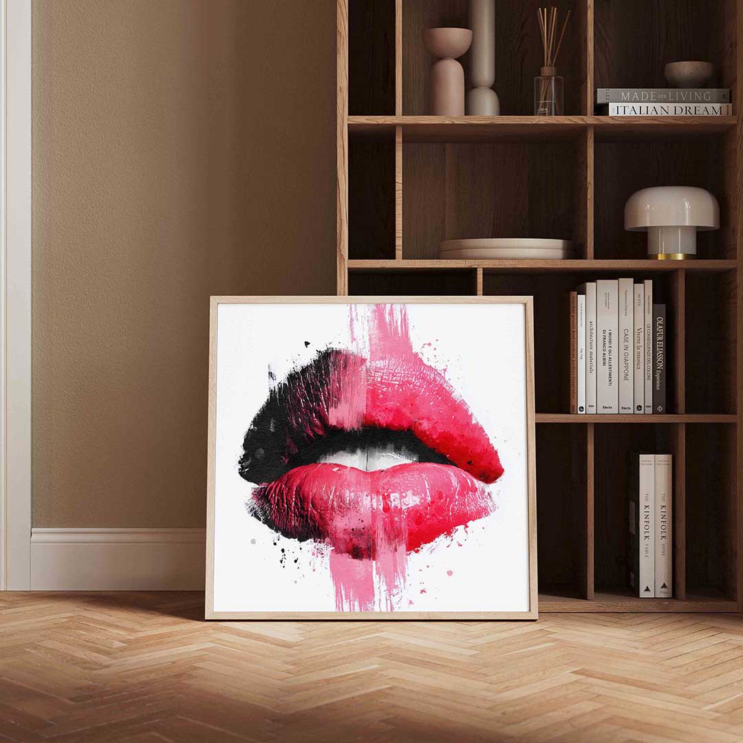 Lippen in zwart en roze – kleurrijke Pop Art poster in vierkant formaat