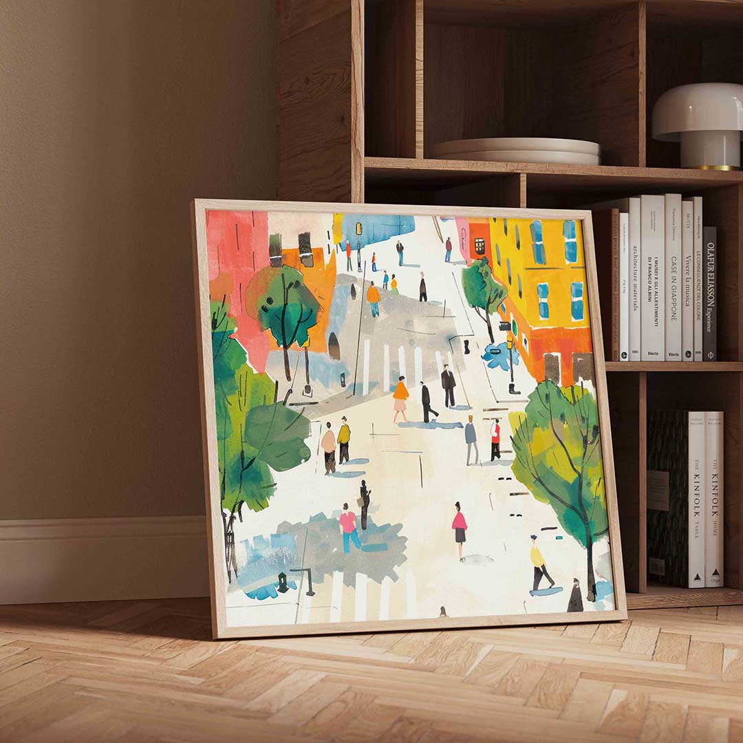 Straatscène met mensen – geïllustreerde wandkunst als vierkante poster