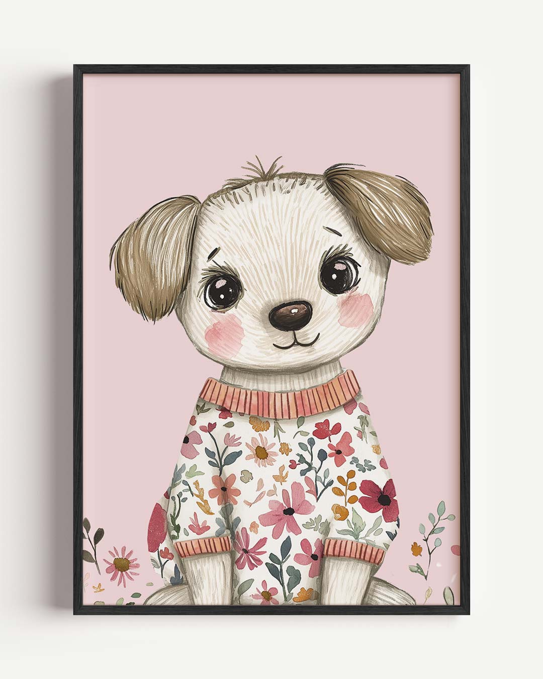 Lieve Puppy Bloemenposter – kids portret poster als wanddecoratie