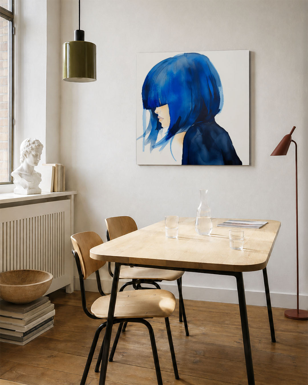 Blauwe silhouet kunstwerk – vierkante wanddecoratie – dit kunstwerk toont een zijaanzicht van een persoon met opvallend blauw