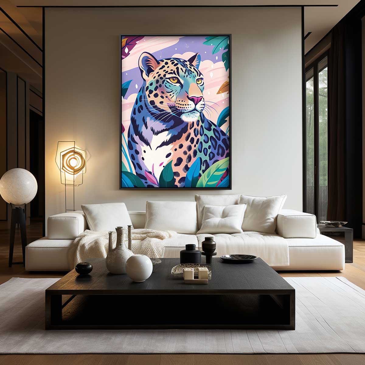 Kleurrijke Luipaard in de Jungle – kunstwerk met zwarte baklijst
