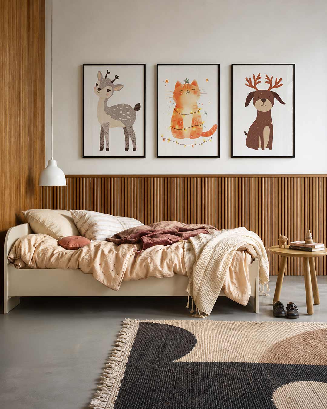 Speelse hertenvorm driedelige posterset – een schattig hertje met zachte kleuren en eenvoudige lijnen