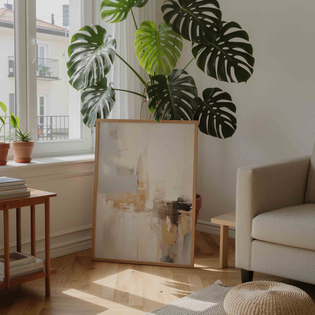 Abstracte beige en grijze – staande botanische wanddecoratie van WallArtistic