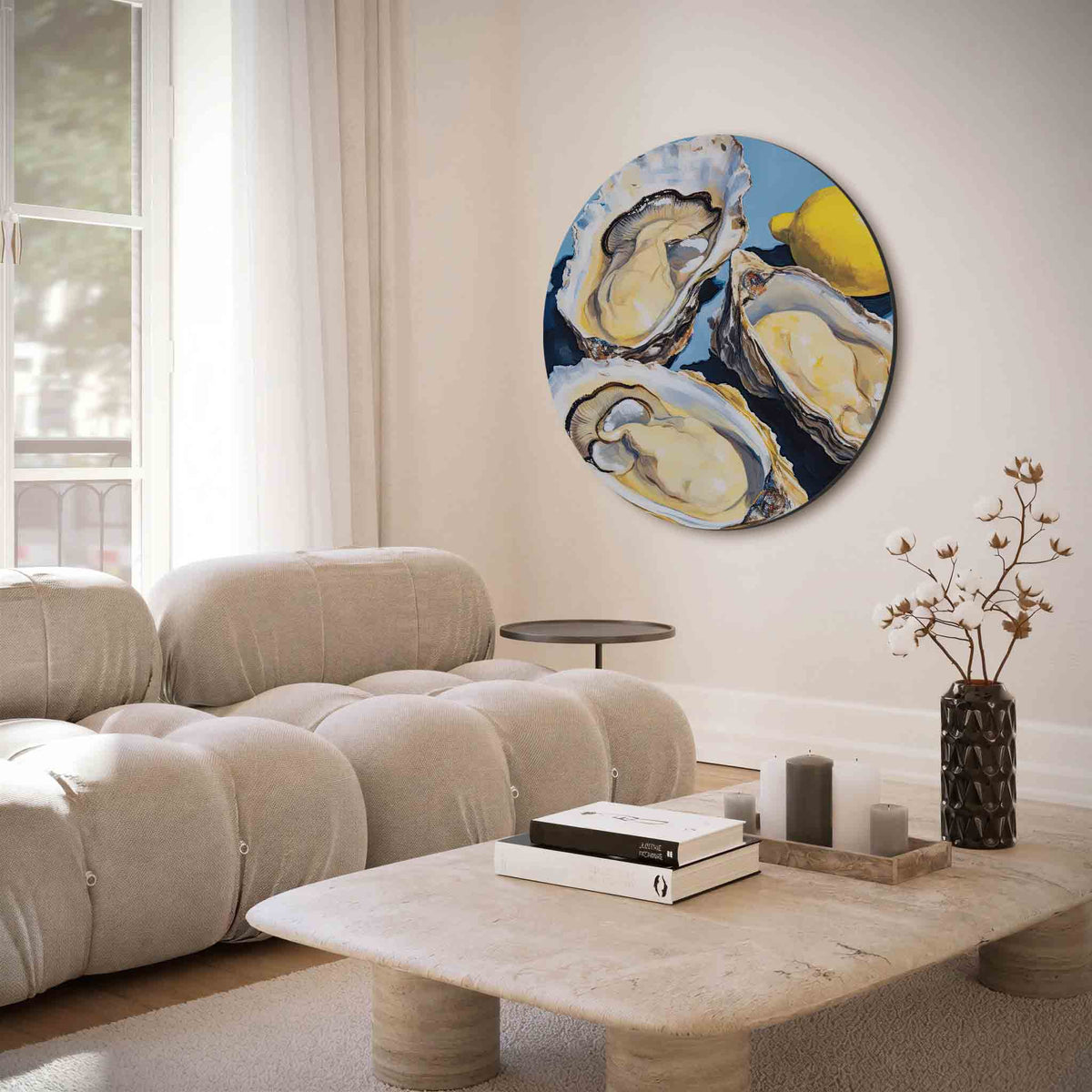 Oesters en citroen – muurcirkel met abstracte texturen voor aan de muur