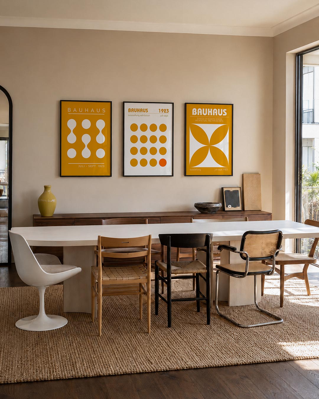 Vorm en kleur driedelige posterset – deze posterset in drie delen toont een levendig spel van witte cirkels en