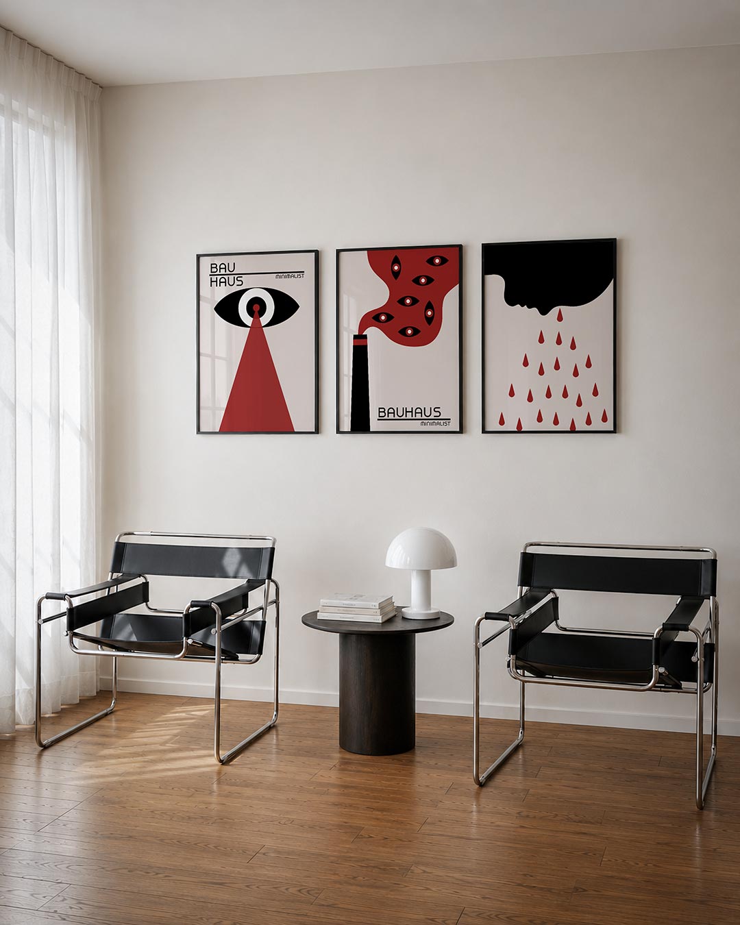 Oog en stralen driedelige posterset – een zwart-wit oog met een rode straal die naar beneden wijst. De compositie speelt met