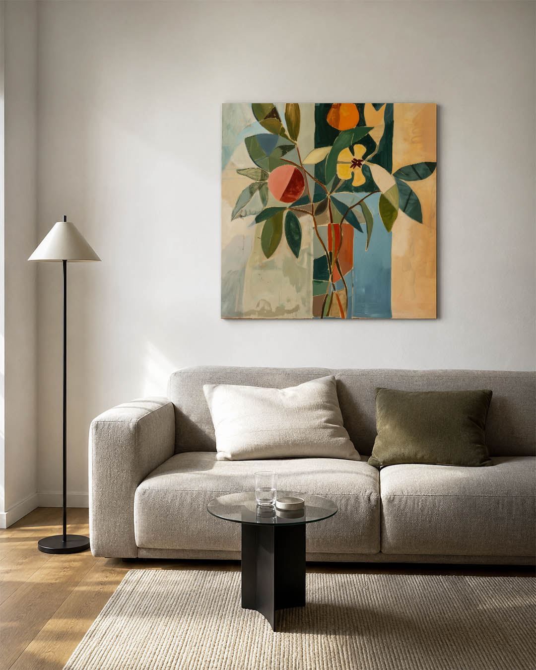 Geometrische bloemvormen kunstwerk – vierkante wanddecoratie – dit werk toont een compositie van geometrische vormen en