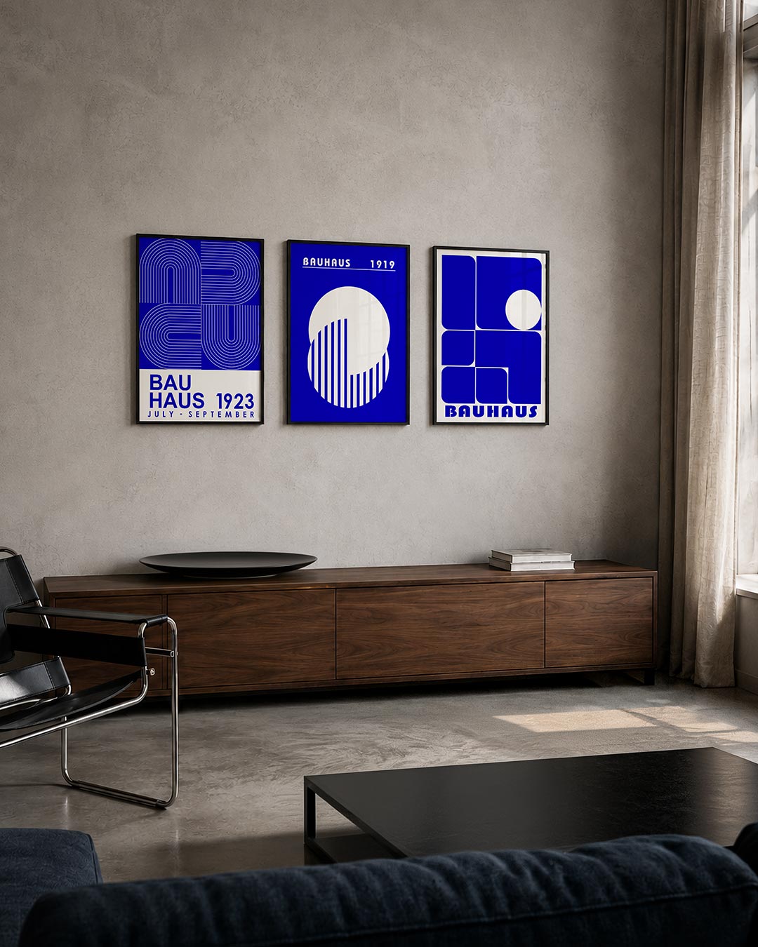 Lijnen en bochten posterset – tweede productweergave – deze posterset in drie delen toont een dynamisch lijnenspel met blauwe