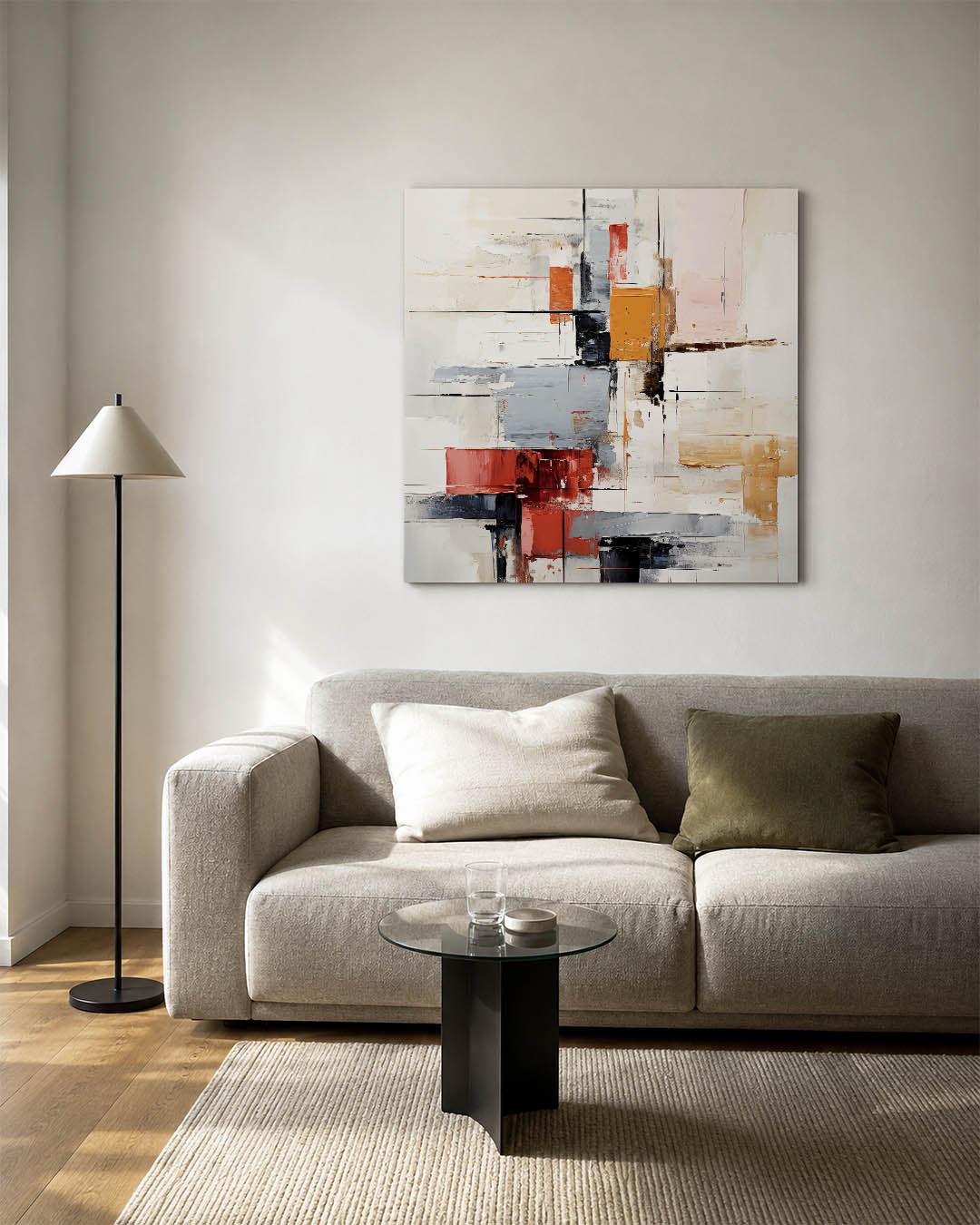 Geometrische kleurencompositie kunstwerk – vierkante wanddecoratie – dit werk toont een dynamische compositie van