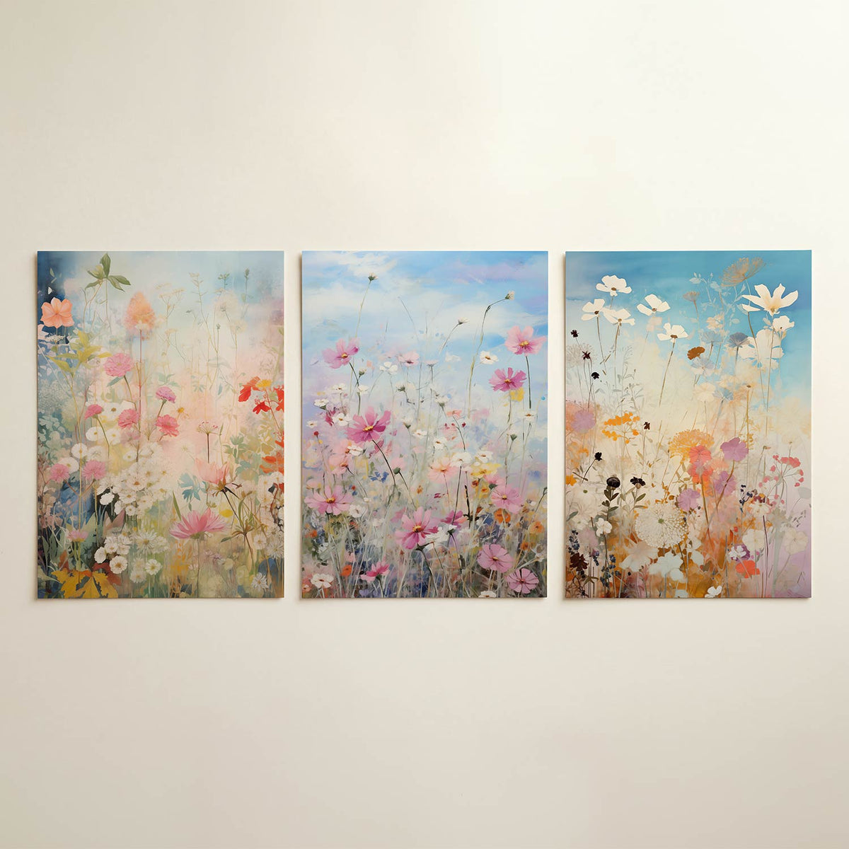 Bloemenharmonie posterset – detailweergave – deze posterset in drie delen toont een dromerige bloemenzee