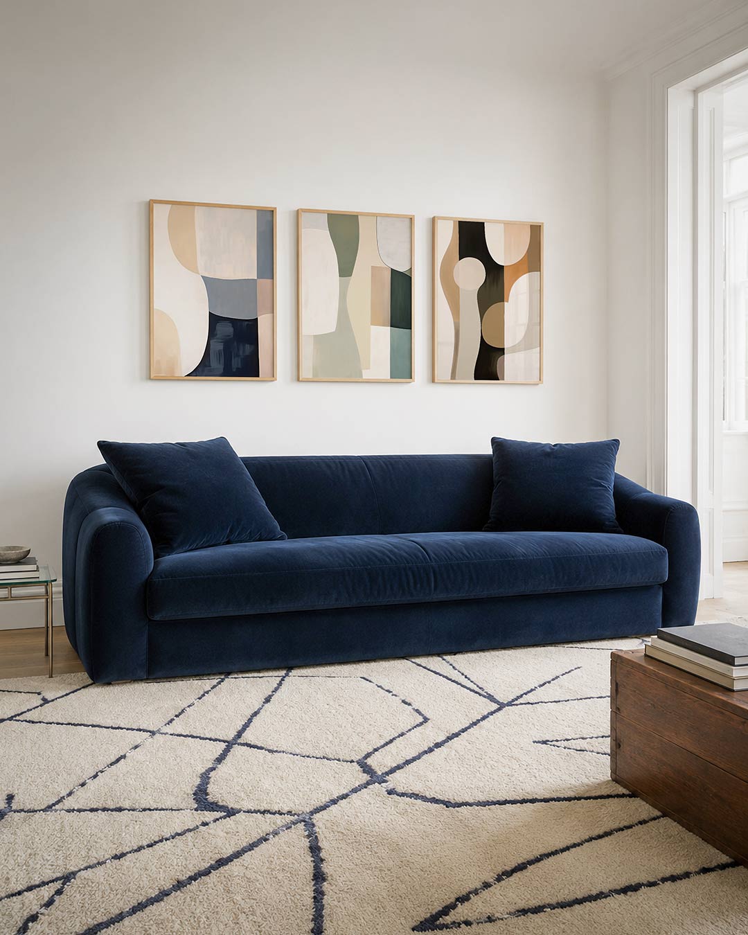 Vorm en kleurvlakken – deze posterset in drie delen toont zachte, gebogen vormen in beige, blauw en – weergave 2