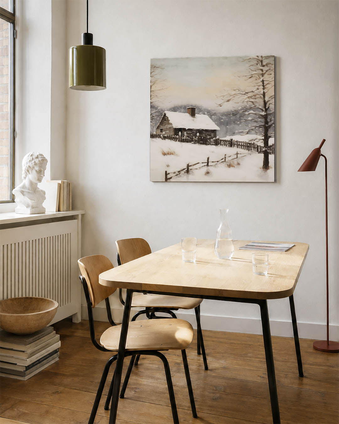 Winterlandschap met huis kunstwerk – detailweergave – dit werk toont een huis in een besneeuwd landschap, omgeven door bomen