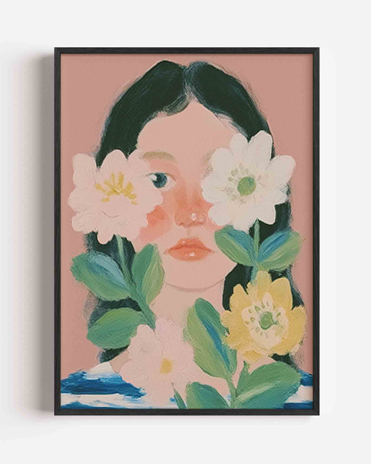 Bloemen en gezicht – pastel portret poster als wanddecoratie
