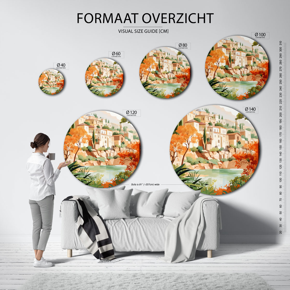 Mediterrane gebouwen – abstracte wandkunst als muurcirkel van WallArtistic