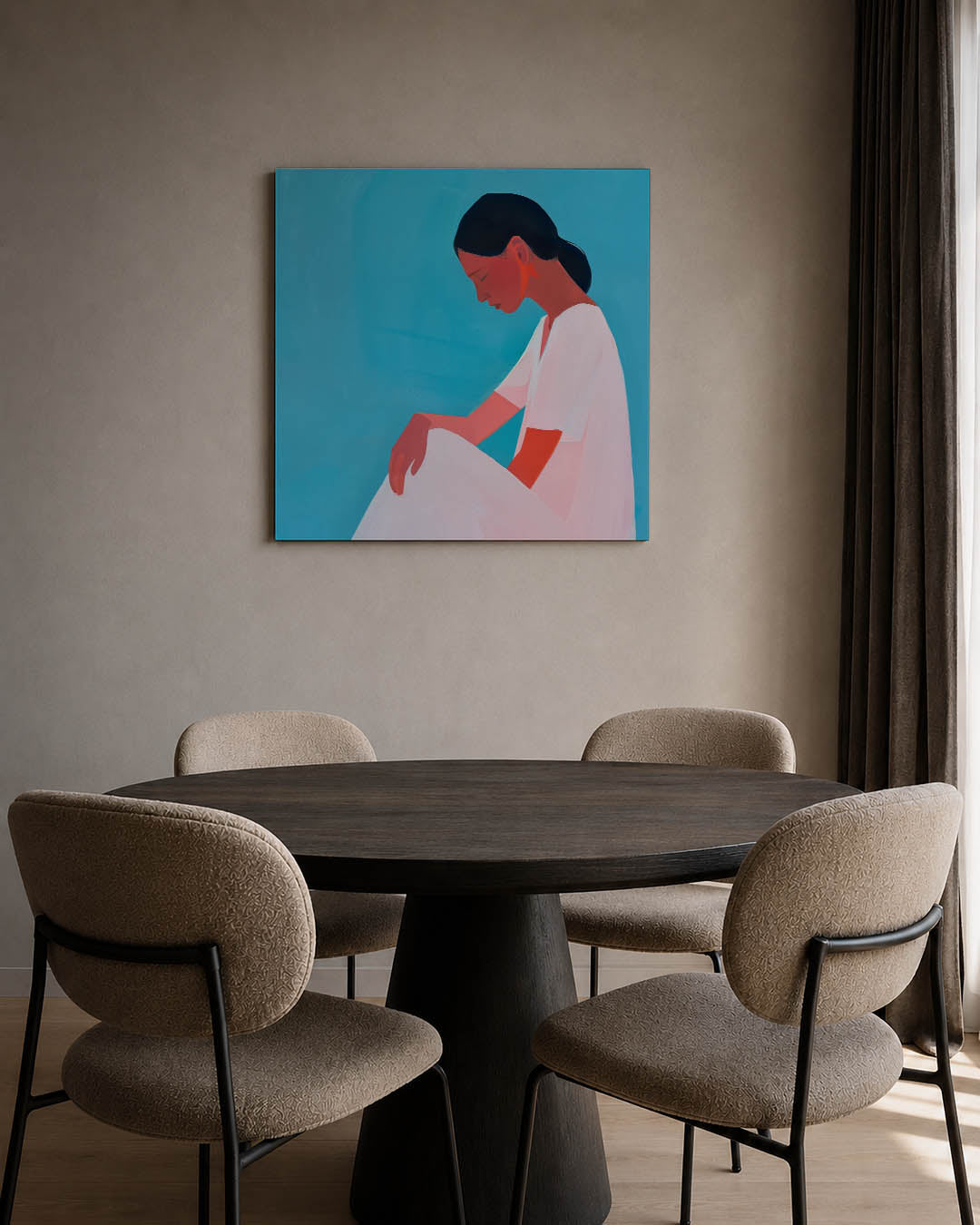 Vrouwelijke silhouet kunstwerk – tweede productweergave – dit werk toont een vrouw in profiel tegen een blauwe achtergrond.