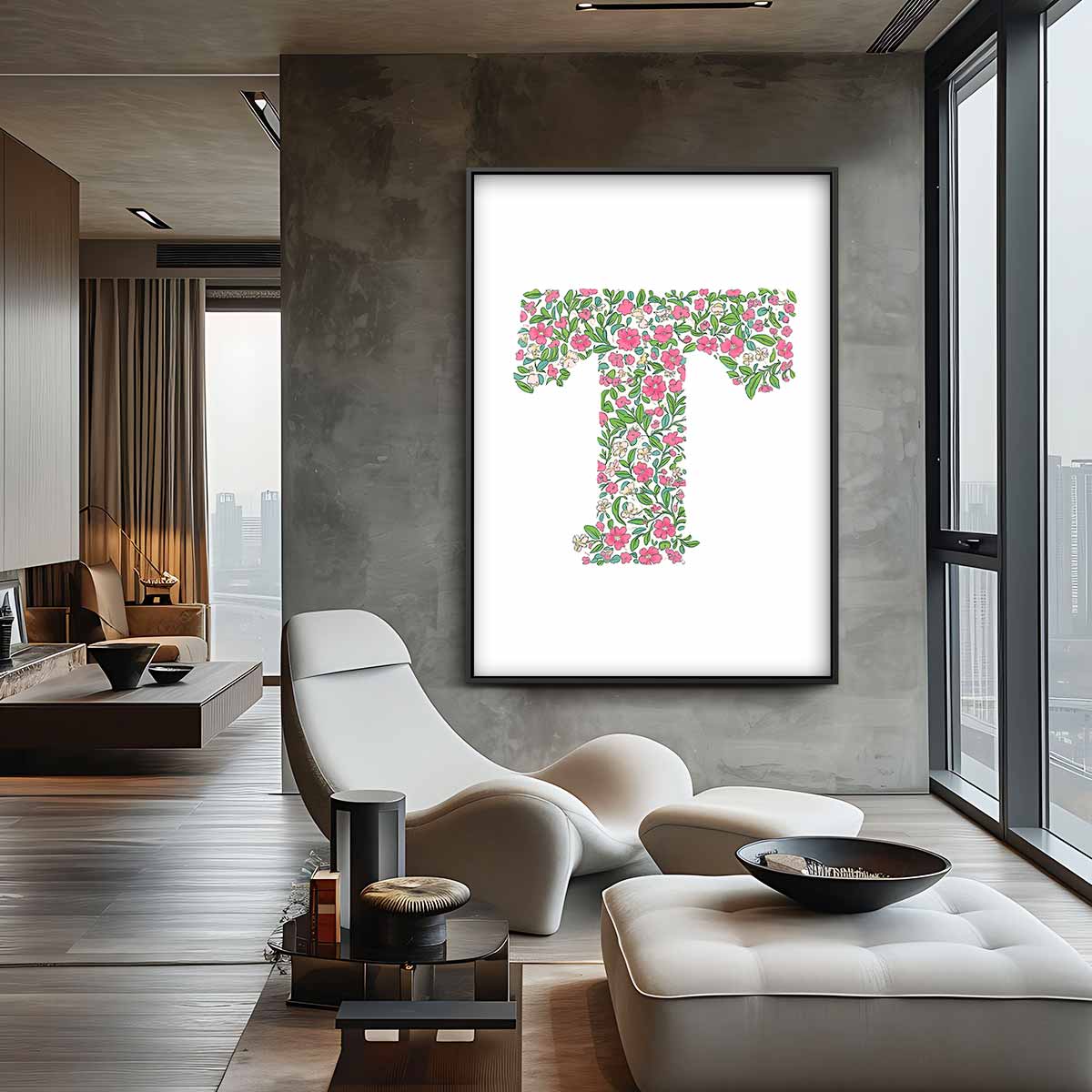 Bloemeninitiaal T – canvas wanddecoratie in portret formaat