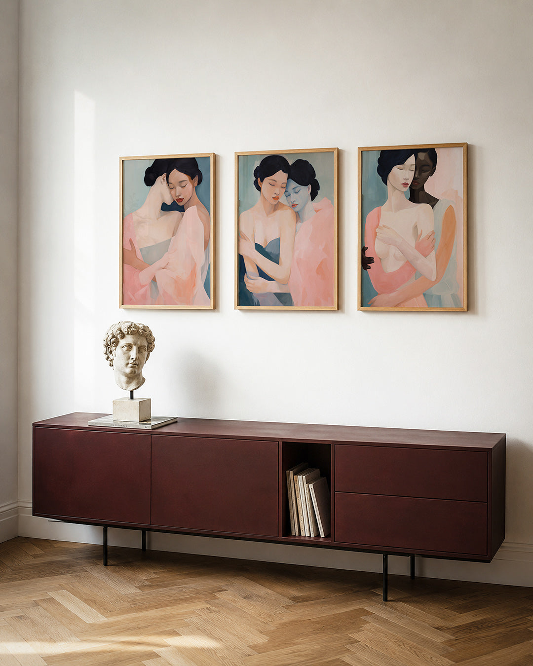 Zachte omhelzing posterset – detailweergave – twee figuren in een serene omhelzing, met vloeiende lijnen en