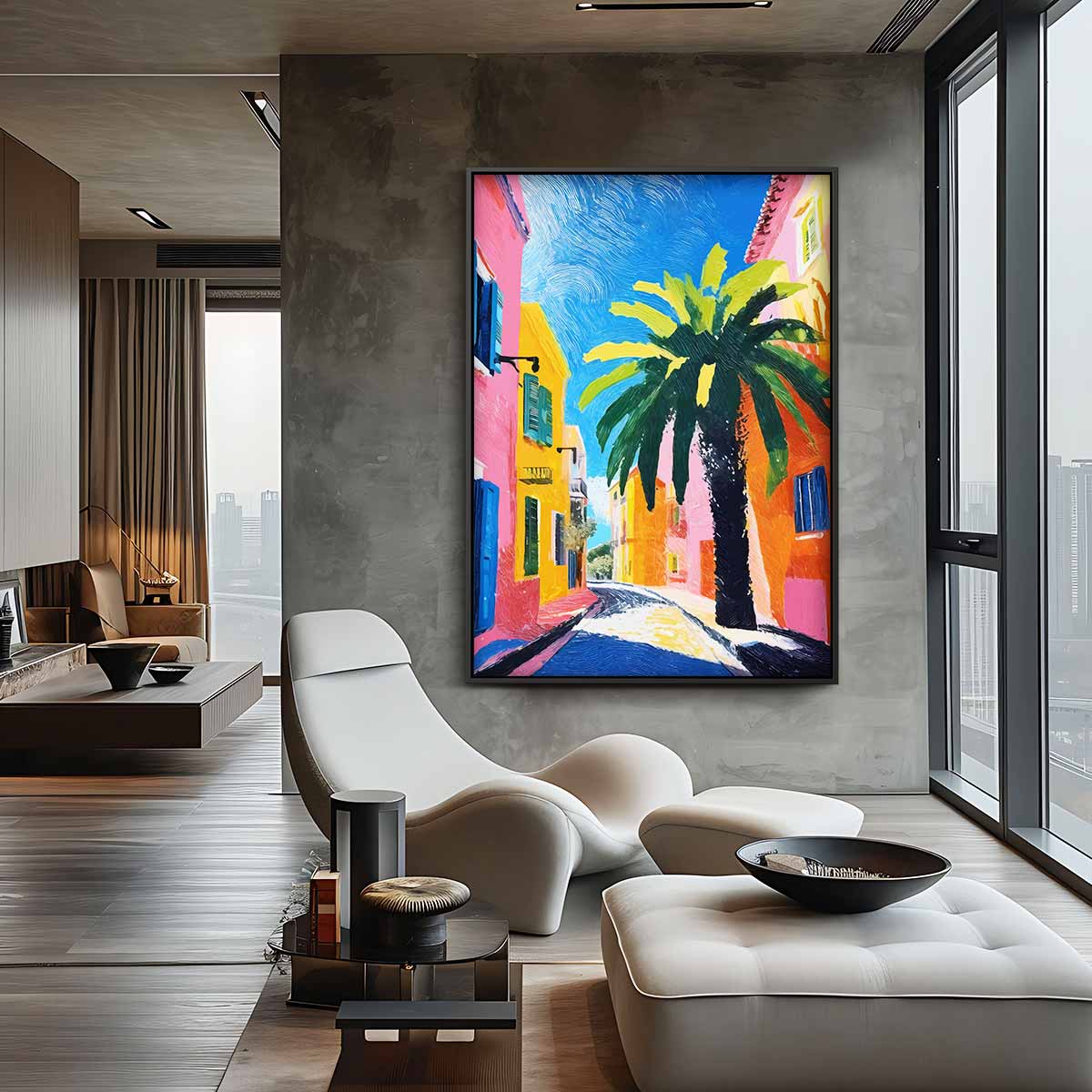 Zomerse Straat met Palmboom – canvas wanddecoratie in portret formaat