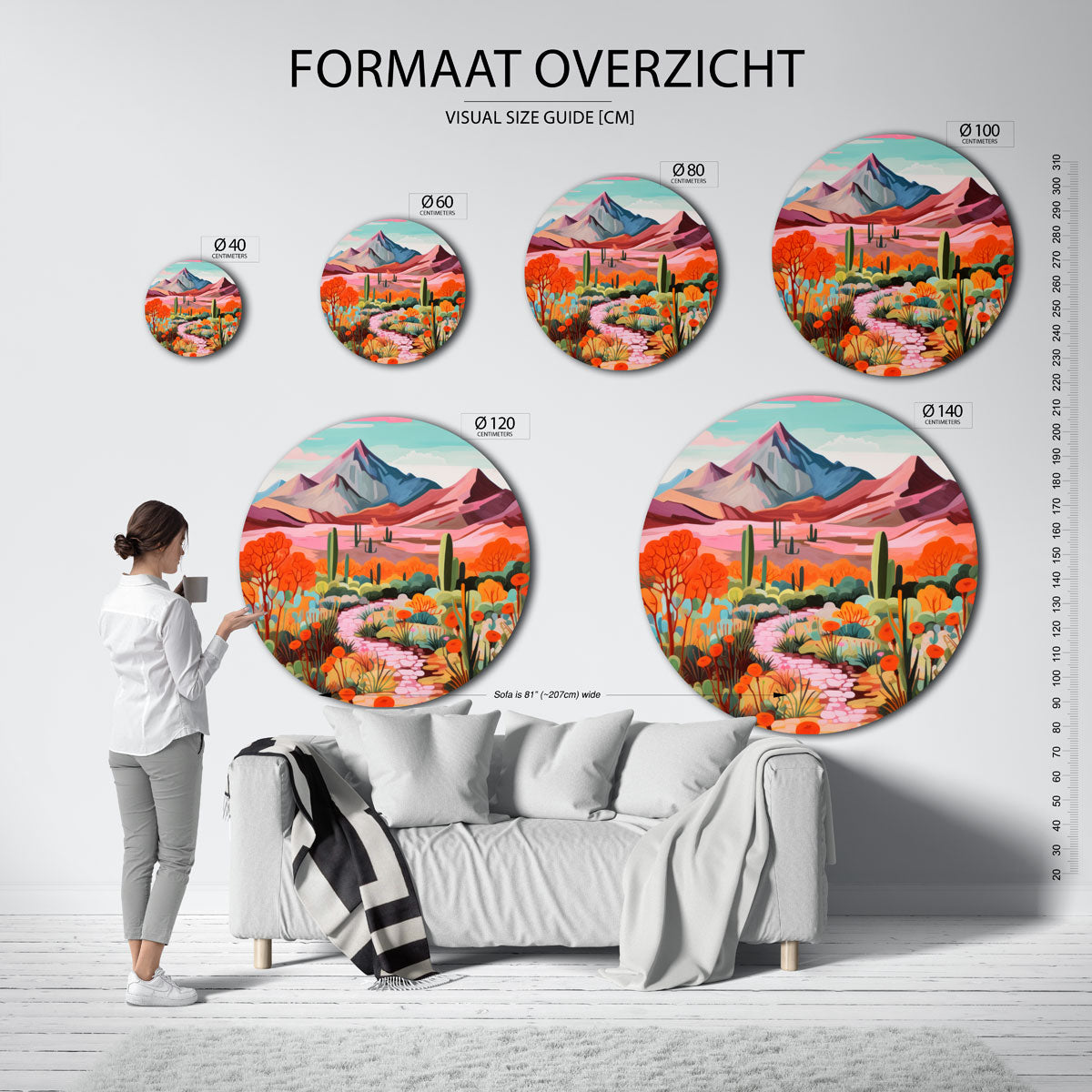 Berglandschap met cactussen – abstracte wandkunst als muurcirkel van WallArtistic