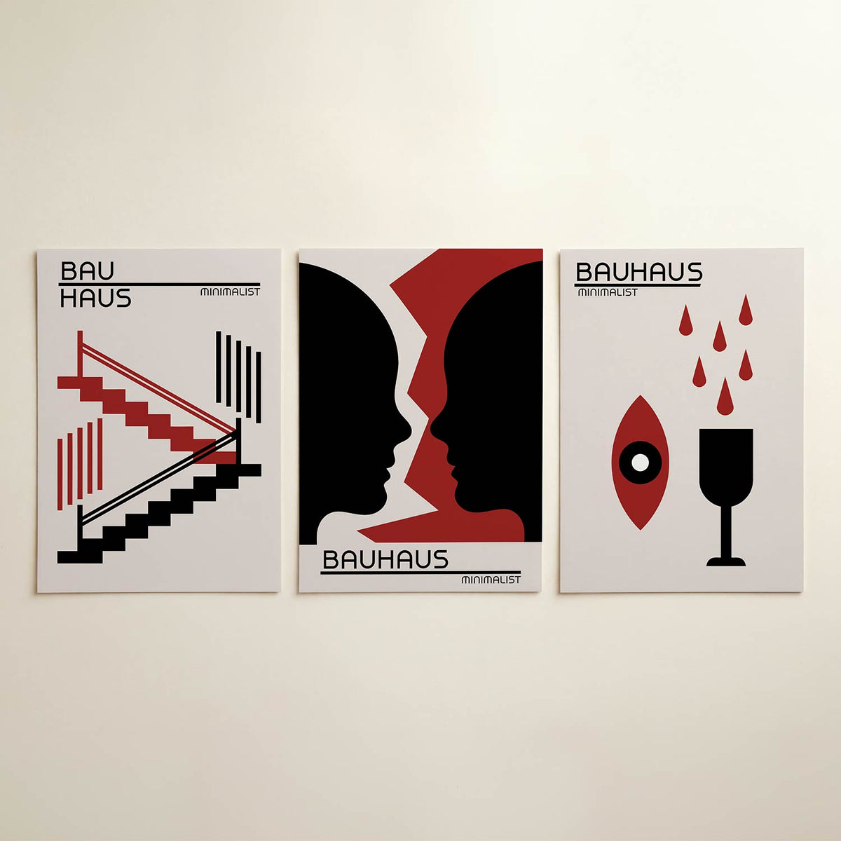 Trapvormen en lijnen posterset – detailweergave – deze posterset in drie delen toont een spel van rode en zwarte trapvormen