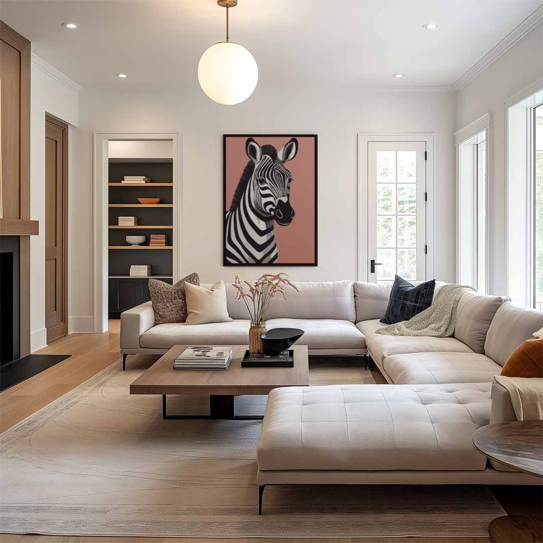 Zebra Portret op Roze Achtergrond – dibond wanddecoratie in staand formaat