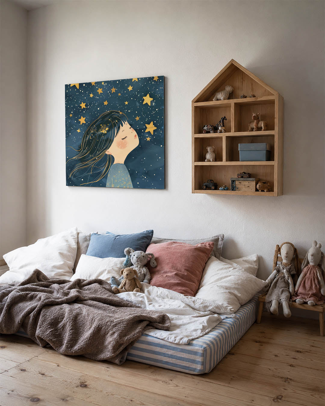 Dromerig sterrenkind kunstwerk – derde productweergave – dit kunstwerk toont een kind met gesloten ogen, omringd door gouden