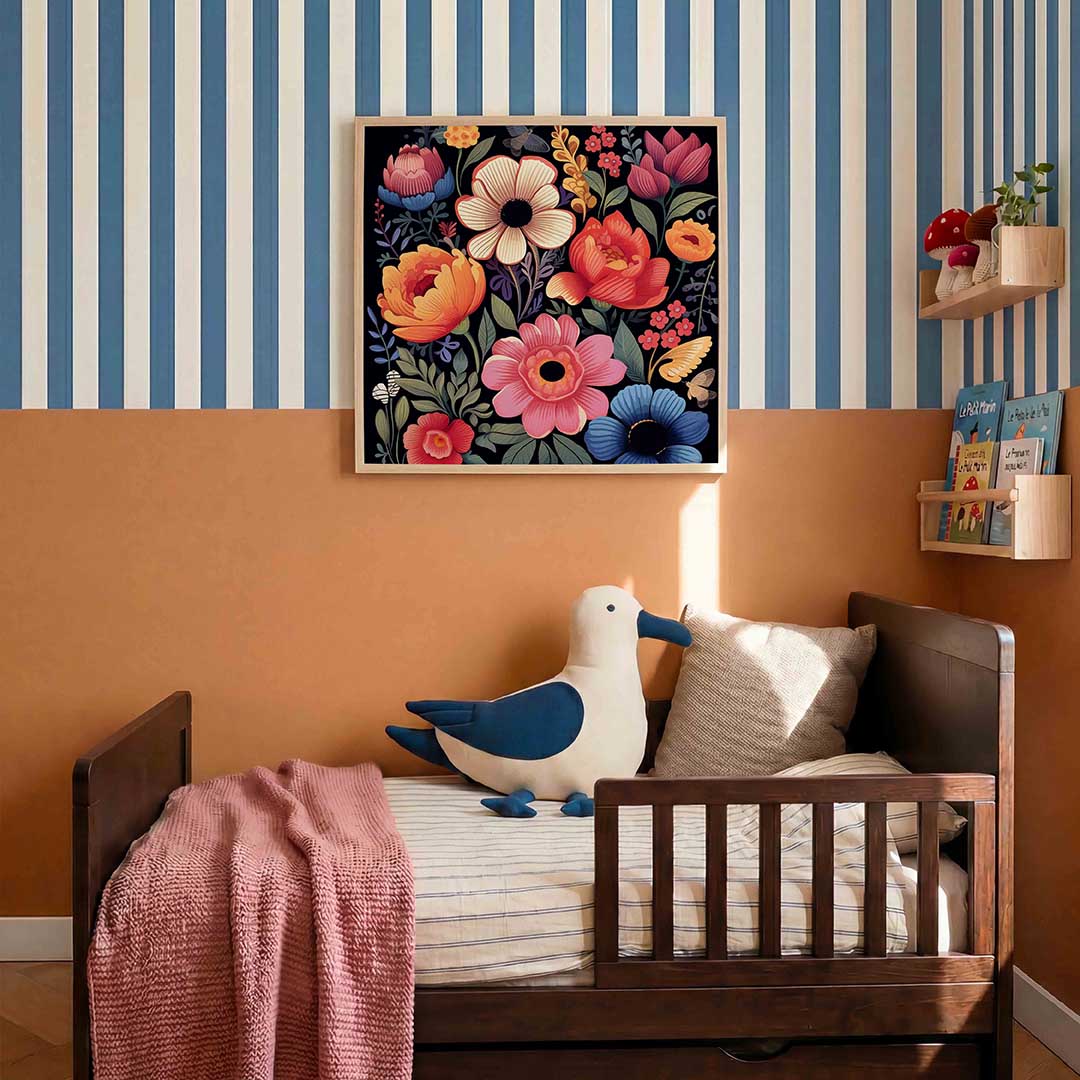 Bloemen en vlinders – kids poster in vierkant formaat
