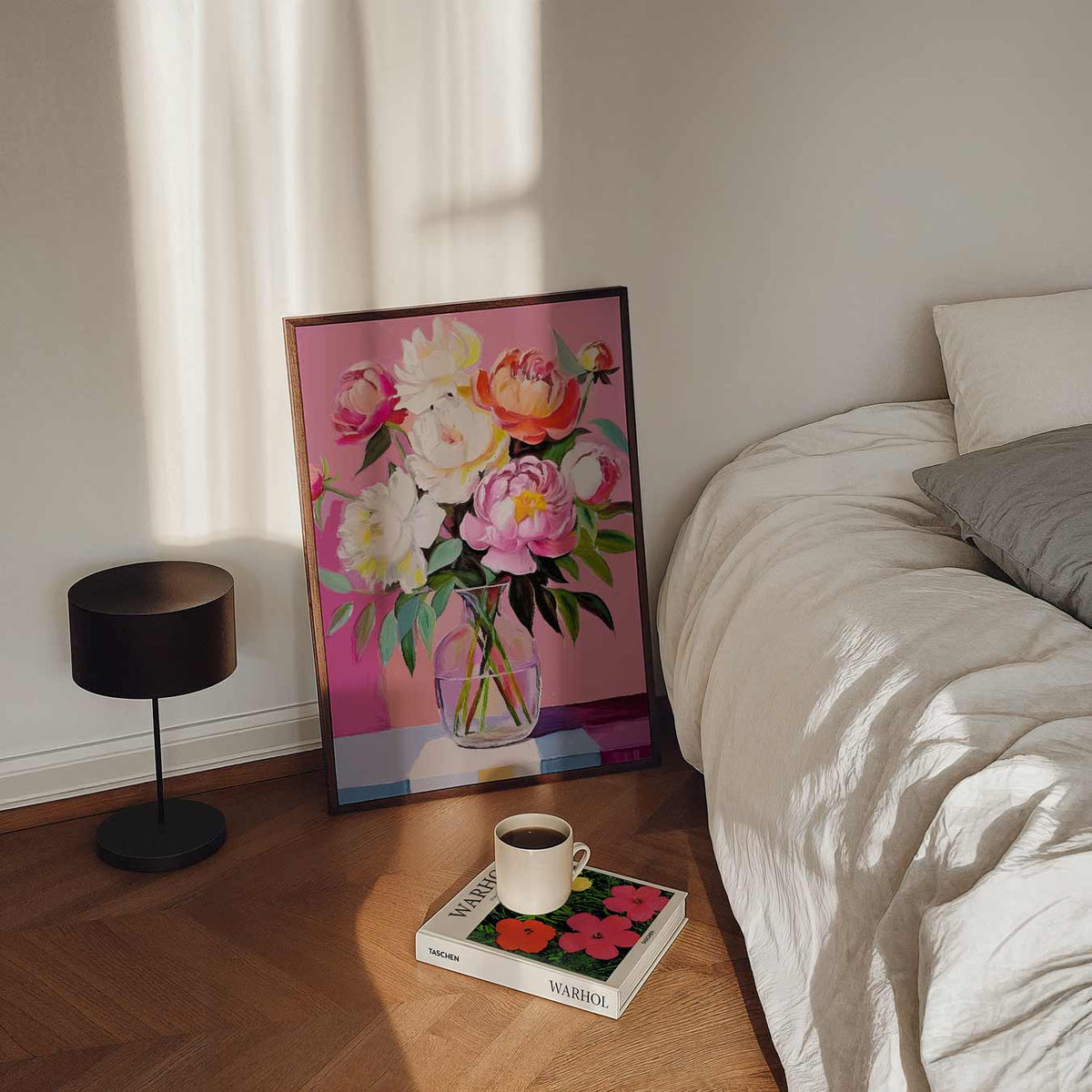 Bloeiend Peonies in Vaas – staande bloemen wanddecoratie van WallArtistic