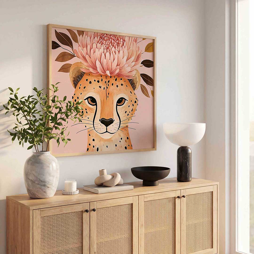 Luipaard met bloemen – dierenillustratie als vierkante poster