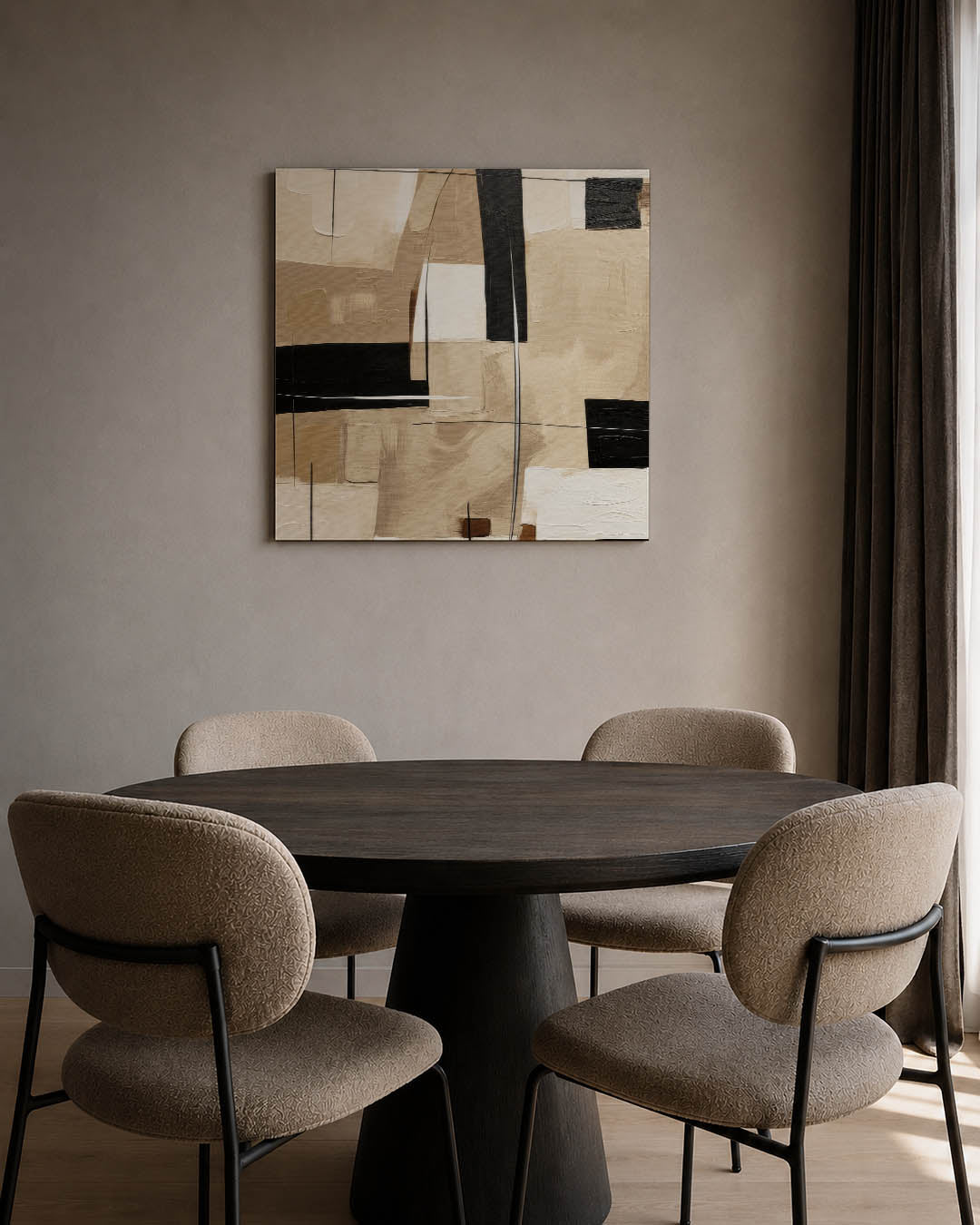 Geometrische vormen kunstwerk – tweede productweergave – dit werk toont een compositie van rechthoeken en lijnen in beige