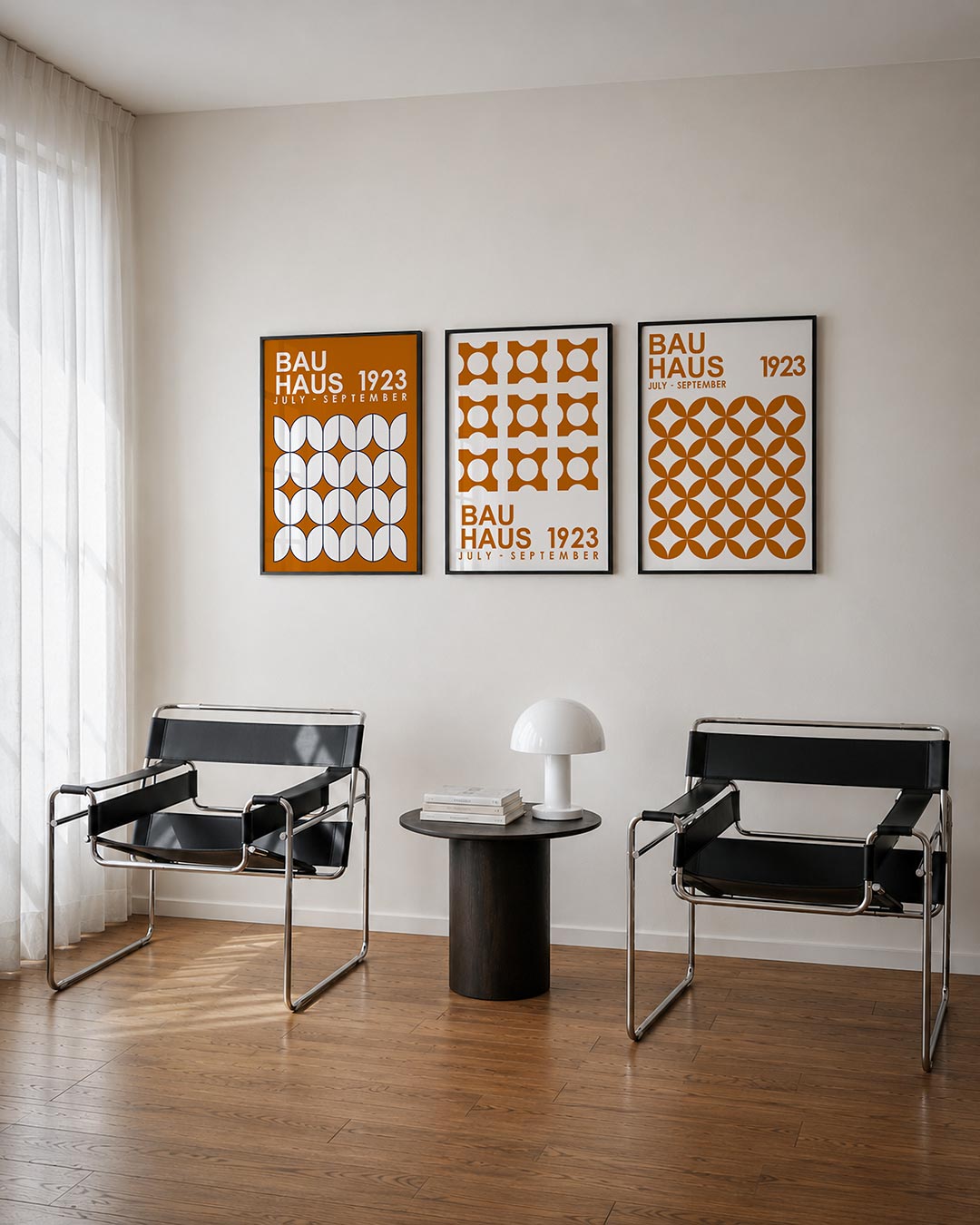 Vorm en kleur driedelige posterset – deze posterset in drie delen toont een ritmisch patroon van witte vormen op een warme