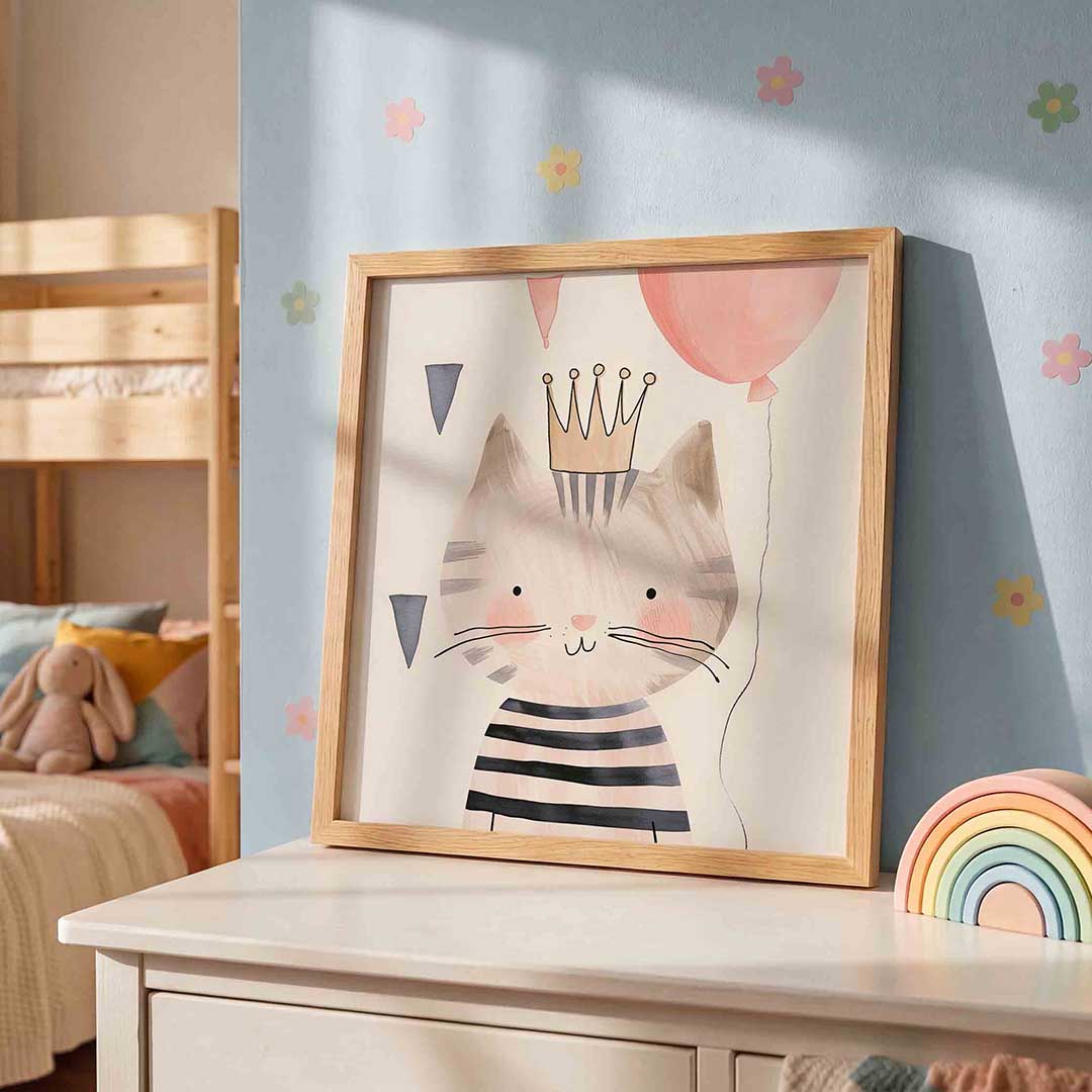 Kat met kroon – speelse wandkunst als vierkante kinderposter