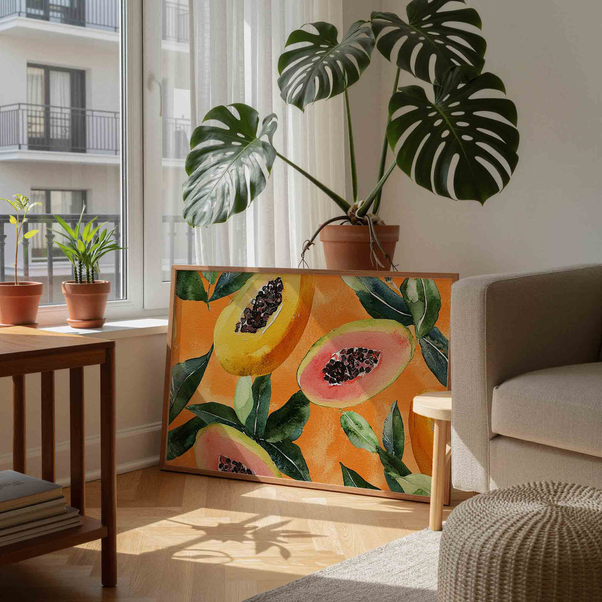Papaja en bladeren – tropische wandkunst als landscape poster