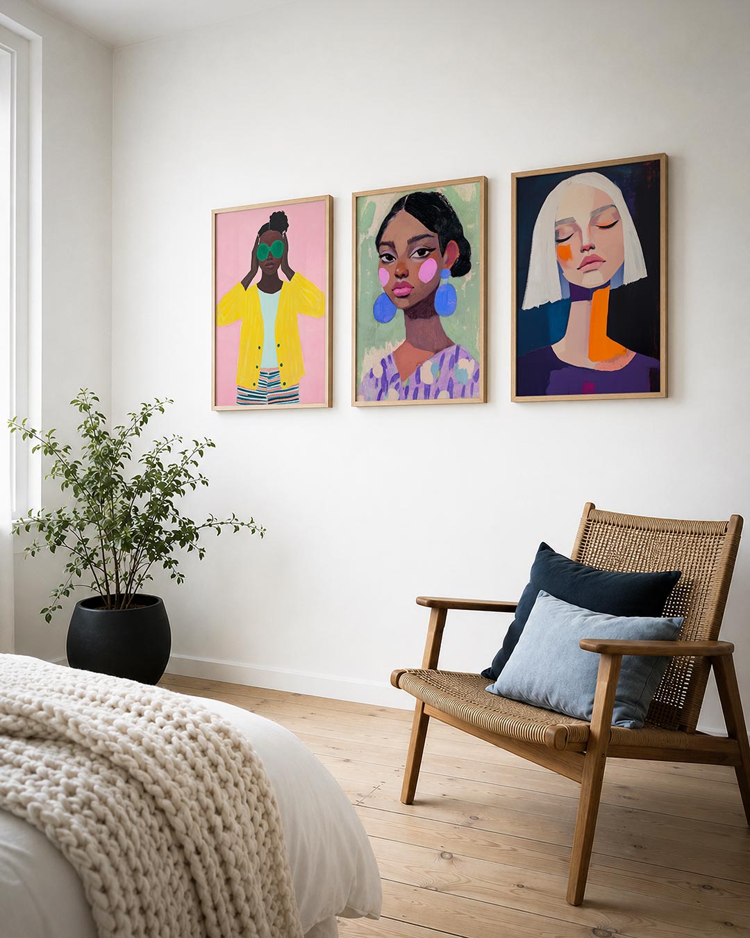 Kleurrijke portretuitdrukking posterset – detailweergave – een levendig portret met een roze achtergrond, een felgele
