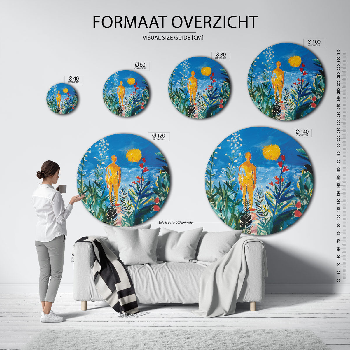 Mensfiguur en bloemen – ronde muurdecoratie met kleur en vorm