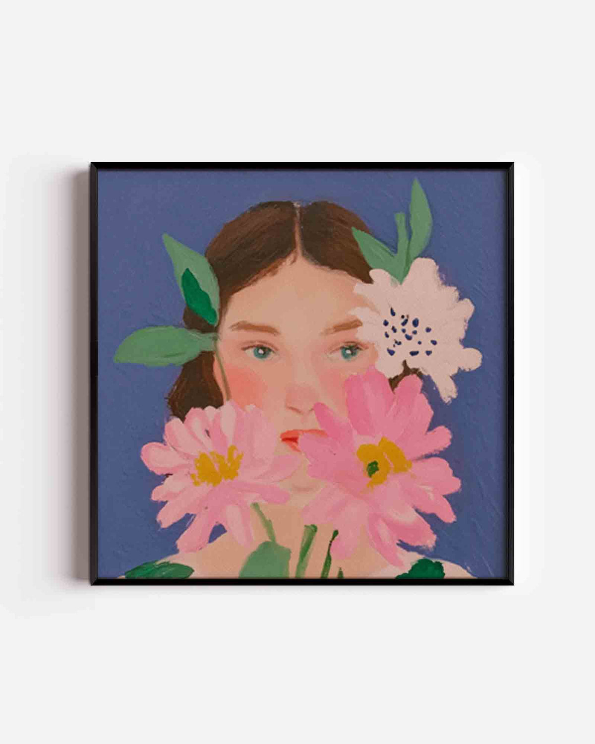 Bloemen en vrouw – vierkante poster met kleur en vormen als wanddecoratie