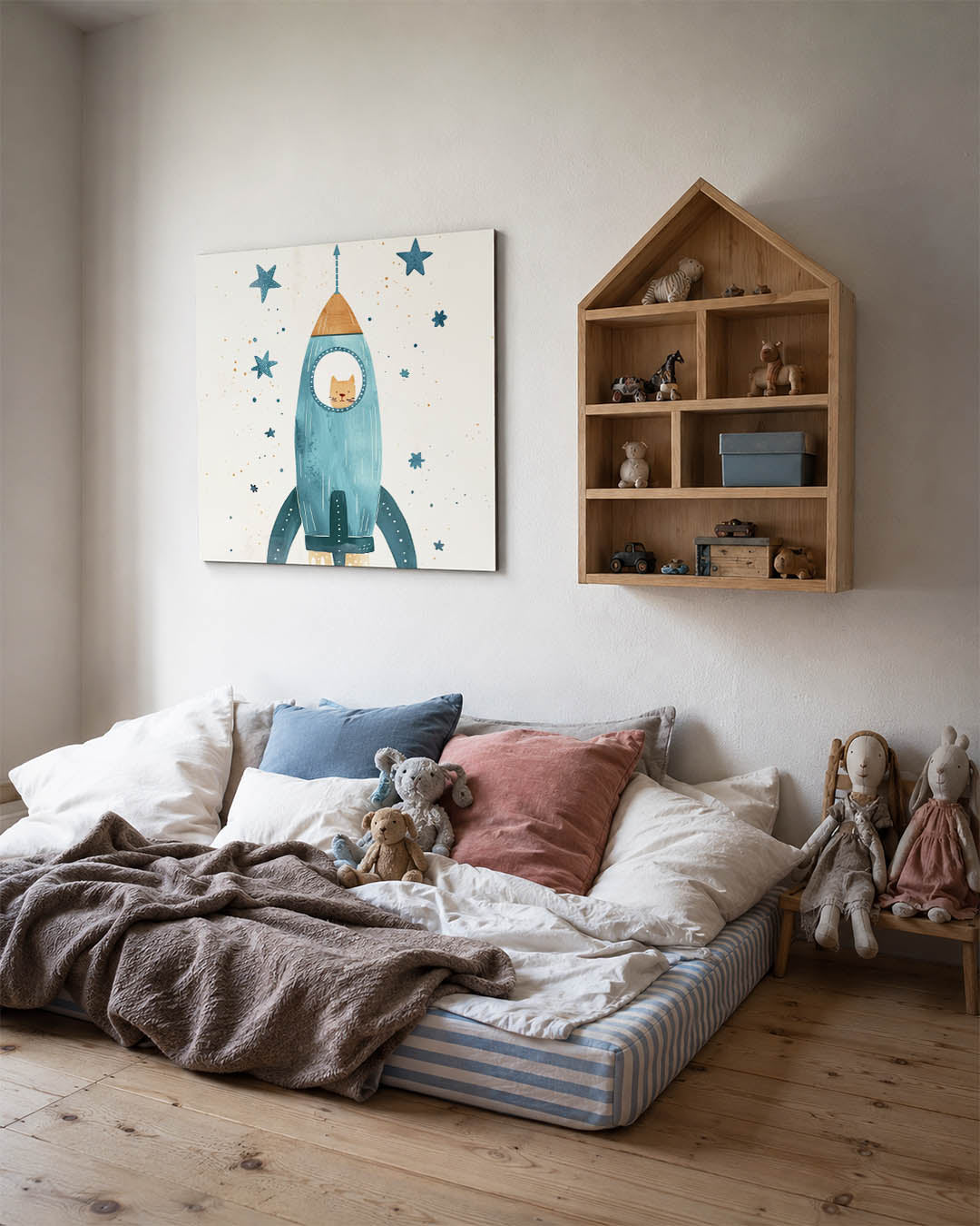 Dromerige ruimteraket kunstwerk – derde productweergave – een illustratie van een blauwe raket met een kat erin, omringd door
