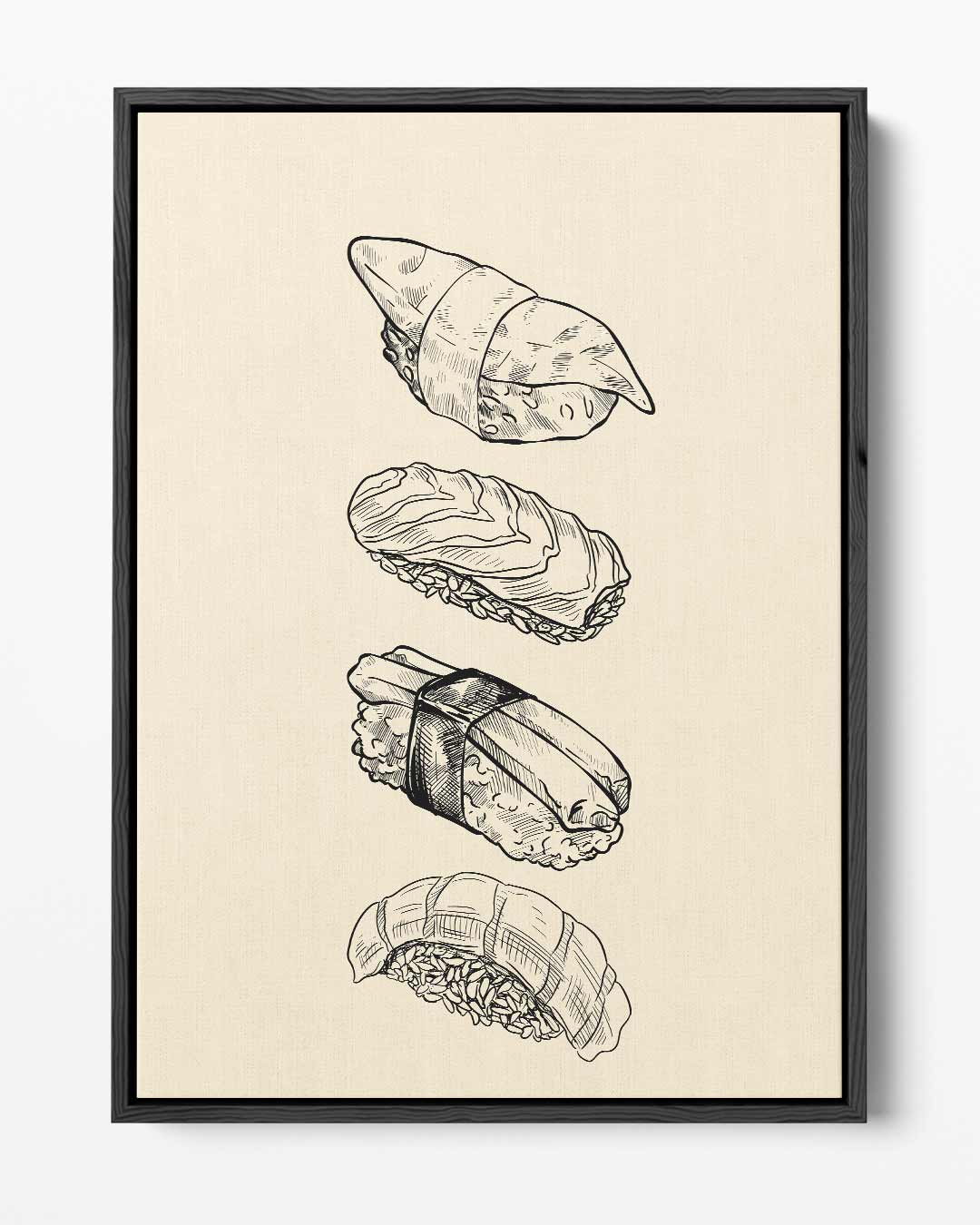Sushi Illustratie op Beige Achtergrond – portret kunstwerk als wanddecoratie