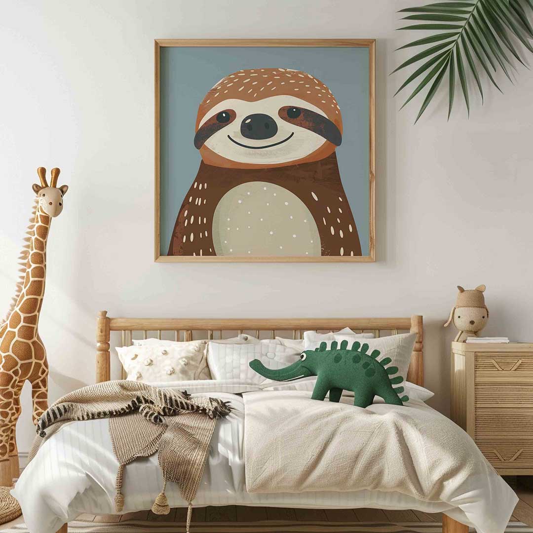 Lachende luiaard – vierkante kinderkamer wanddecoratie van WallArtistic