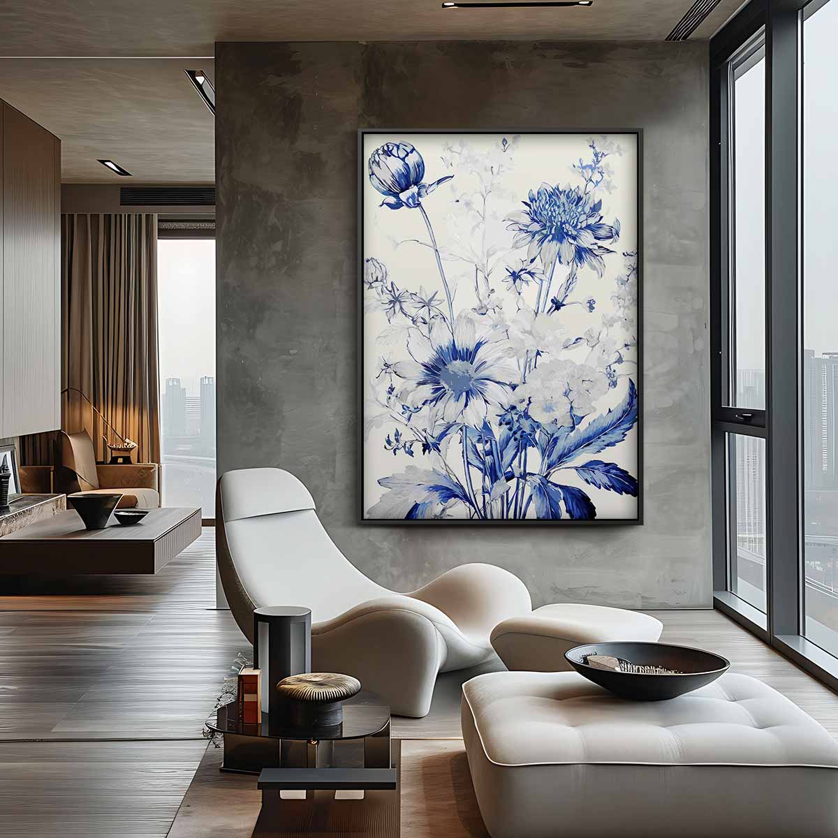 Bloemboeket in Blauw Kunstafdruk – canvas kunstwerk als wanddecoratie