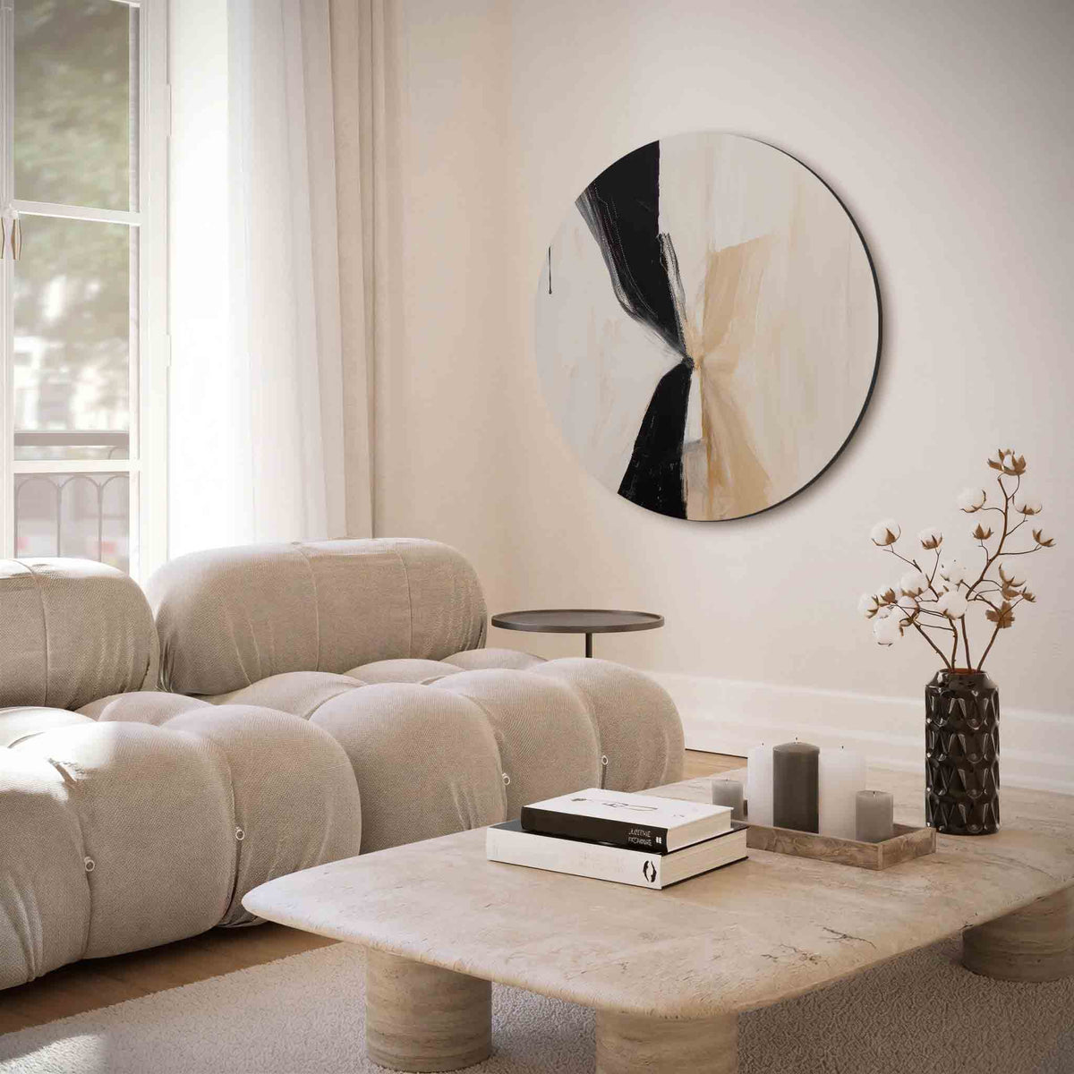Abstracte zwart en beige – muurcirkel met abstracte texturen voor aan de muur