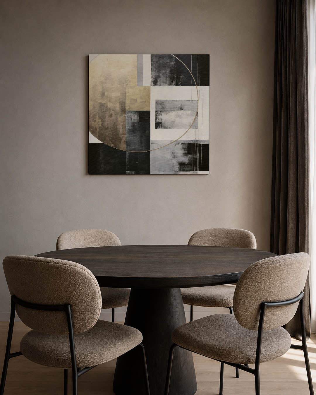 Geometrische vormen compositie kunstwerk – tweede productweergave – dit werk toont een dynamische compositie van geometrische