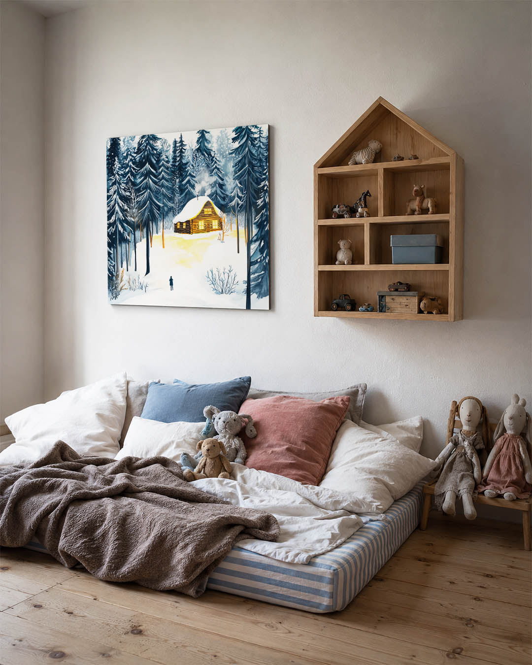 Winterse boslandschap kunstwerk – derde productweergave – een wintertafereel met een houten huisje omgeven door hoge
