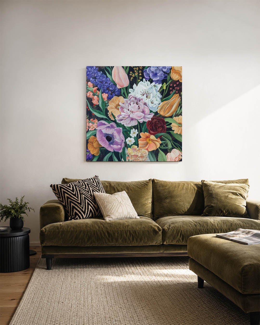 Bloemenexplosie kunstwerk – sfeerbeeld – dit werk toont een levendige verzameling bloemen in diverse kleuren en vormen, met