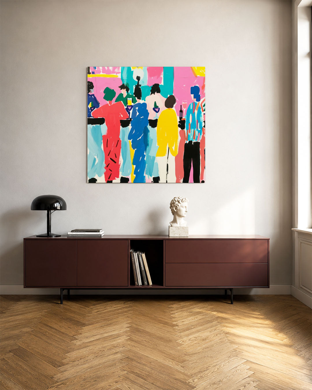 Kleurrijke figuren kunstwerk – tweede productweergave – dit werk toont een levendige groep silhouetten in een dynamische