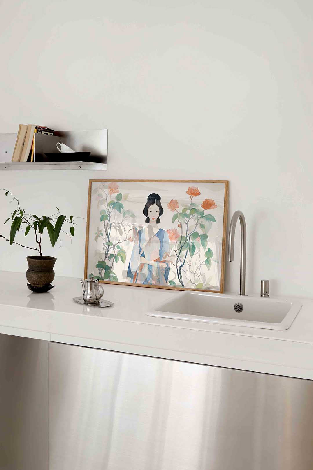 Vrouw met bloemen – keukenposter in liggend formaat
